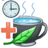 Illustration représentant une tasse d’eau frémissante avec une feuille fraîche à son côté, une horloge et un signe plus symbolisant la décoction d’une plante