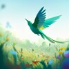 image représentant un oiseau vert s’envolant au dessus d’un champs de fleurs sauvages
