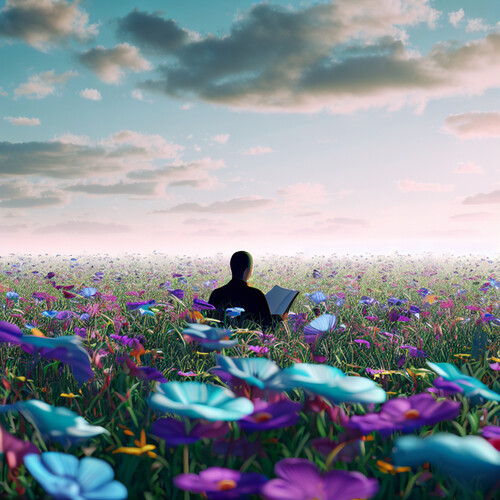 illustration IA représentant une personne lisant un livre assise dans un champs de fleurs