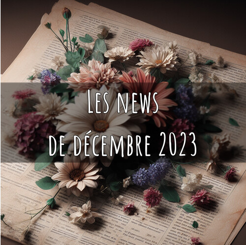 Illustration représentant des fleurs séchées sur des feuilles de journaux avec l’indication “les news de décembre 2023”