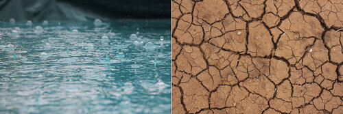 deux photos, l’une montrant de la pluie qui tombe sur la mer et l’autre une terre asséchée